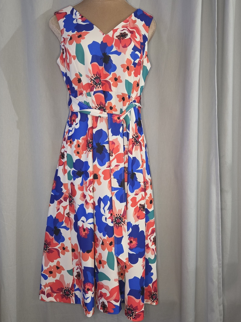 Calvin Klein Sleeveless V‑Neck Floral Midi Dress - Blue & Coral Size 12